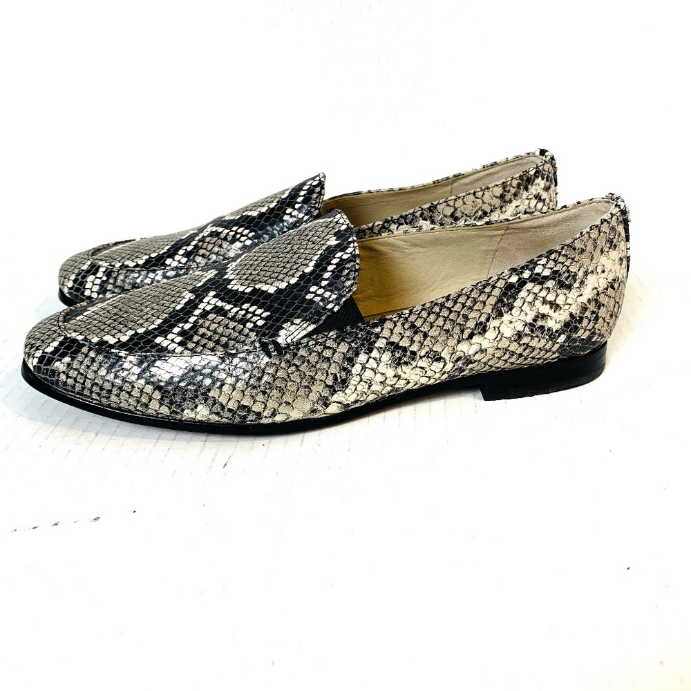 SAM EDELMAN Leather Loafers Womens 8M Lanti Snakeskin Print Black White Gray